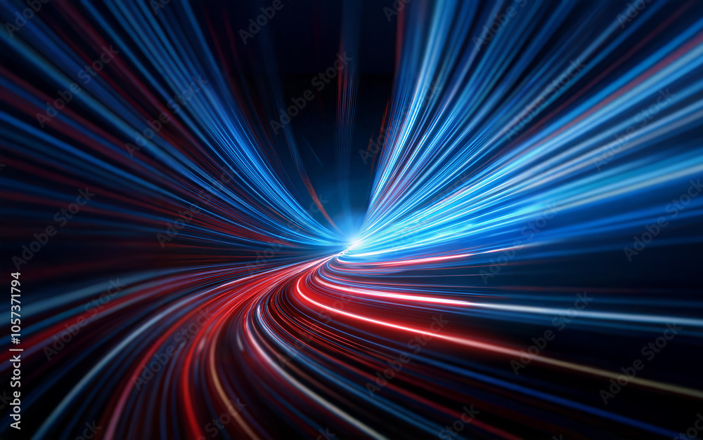 Abstract light streaks in red and blue, creating a swirling tunnel effect against a black background. Abstract light streaks in red and blue, creating a swirling tunnel effect against a black background.