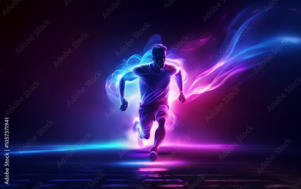 A silhouette of a runner moving fast against a dark background with neon blue and purple streaks. A silhouette of a runner moving fast against a dark background with neon blue and purple streaks.
