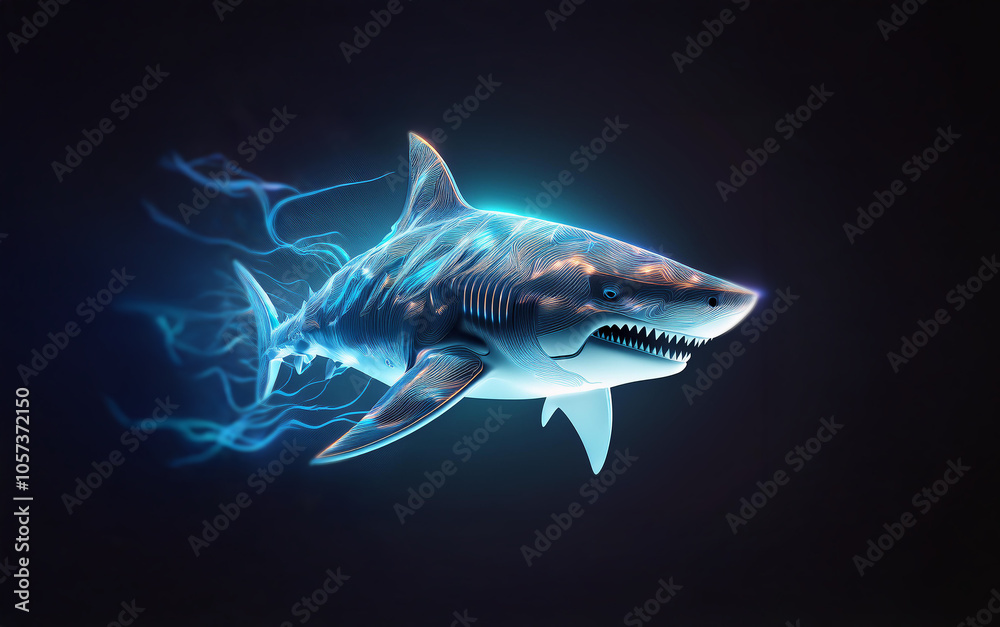 Obraz premium A shark with glowing blue and white accents against a dark background, radiating energy and a sense of power.