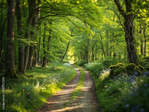 Enchanted Forest Path - Lush Greenery and Serene Ambiance in Tilt-Shift Photography photo