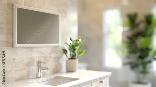 A modern bathroom featuring a sleek mirror, sink, and a potted plant, illuminated by natural light, creating a serene atmosphere.