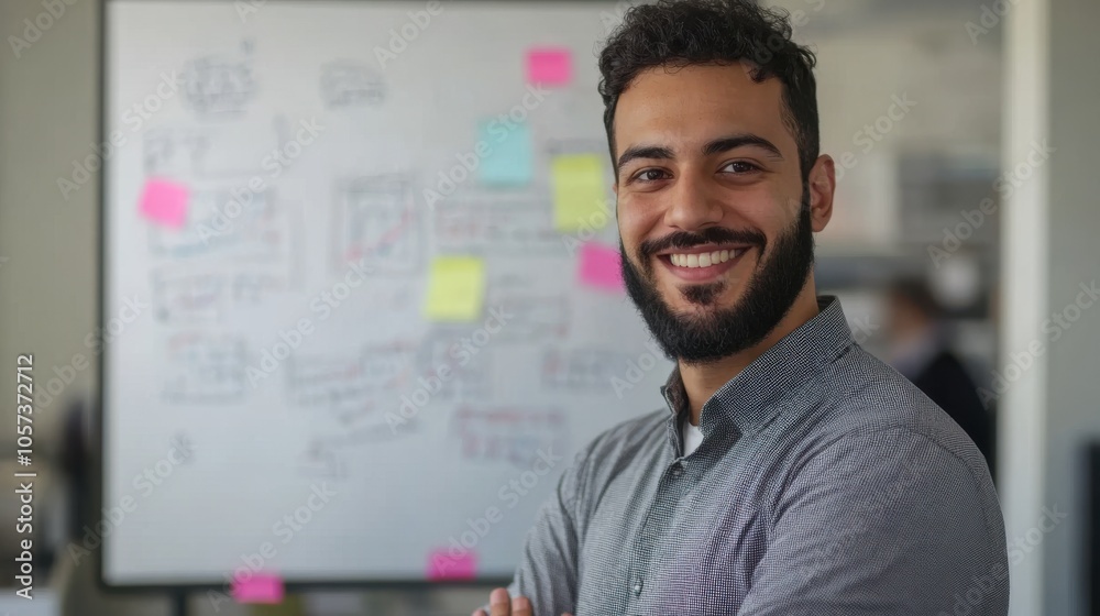 Young Muslim professional explaining a business proposal, whiteboard filled with notes Young Muslim professional explaining a business proposal, whiteboard filled with notes