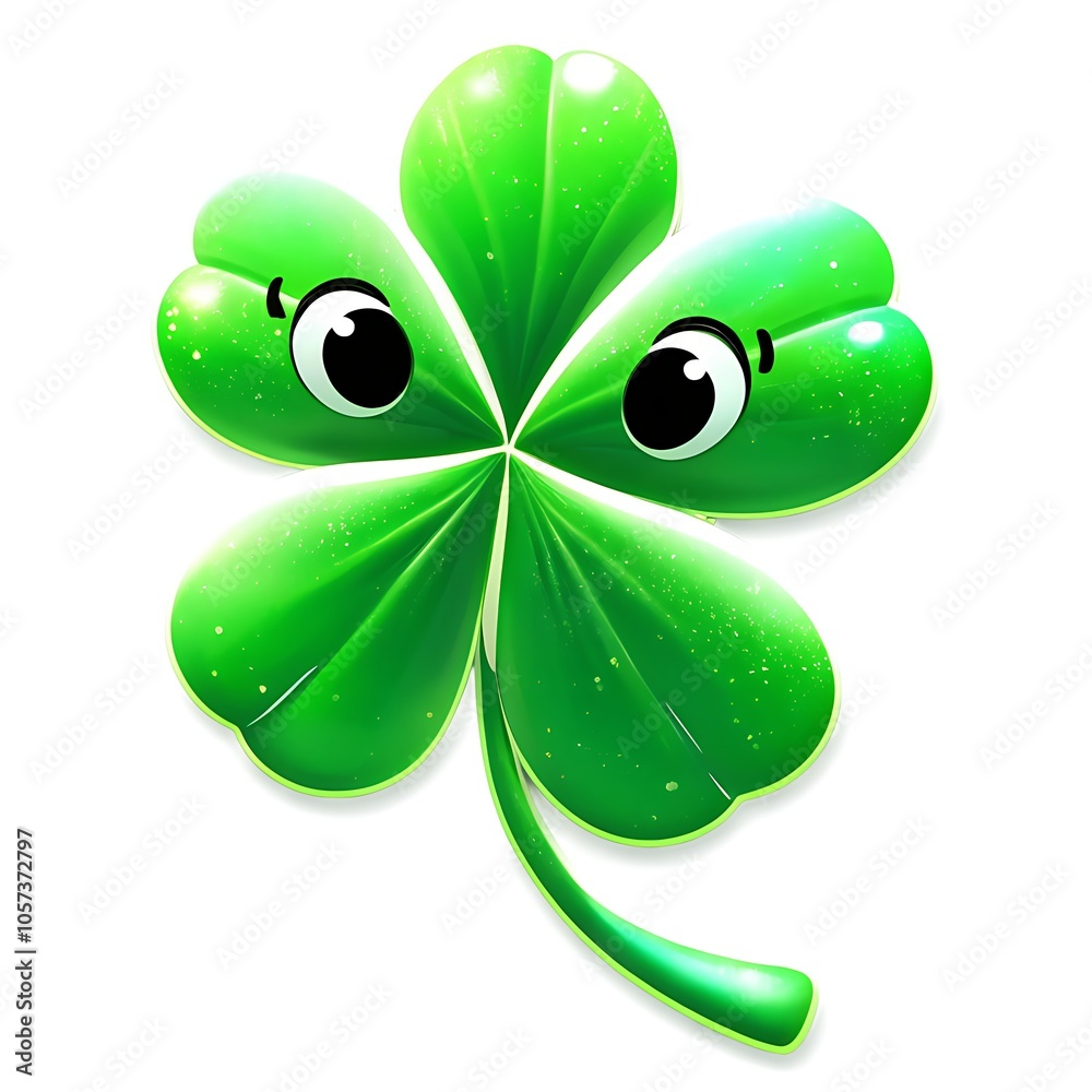 Naklejka premium A cartoon four-leaf clover with googly eyes.