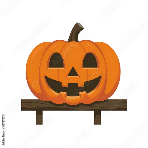 Smiling orange pumpkin on a brown wooden bench for Halloween decorations   photo