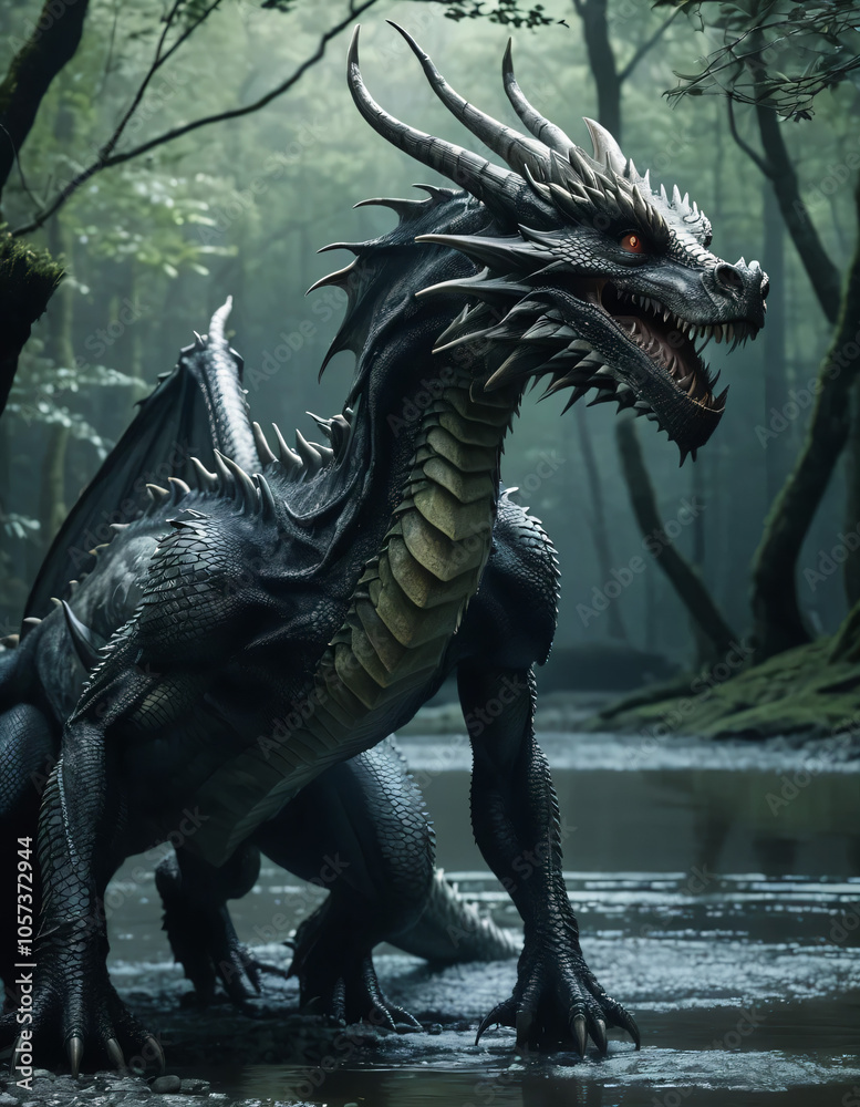 A giant dragon stands majestically in the dark forest, surrounded by dense trees and a mysterious watercourse. Its body is covered in disgustingly mutated flesh structures that take on grotesque shape A giant dragon stands majestically in the dark forest, surrounded by dense trees and a mysterious watercourse. Its body is covered in disgustingly mutated flesh structures that take on grotesque shape