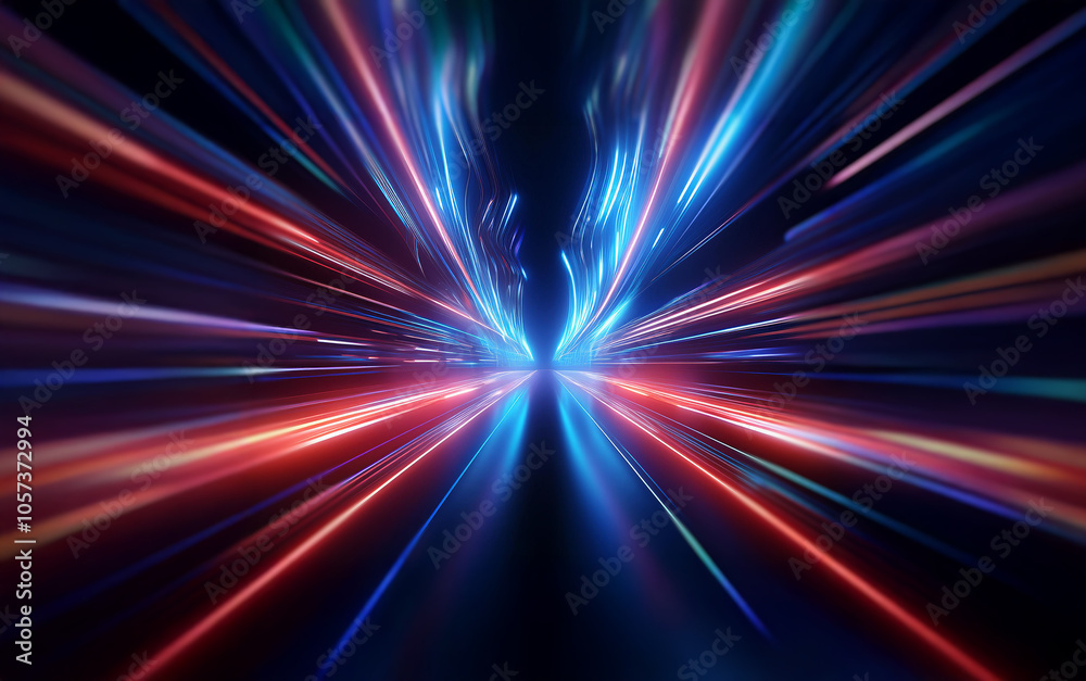 An abstract image of a city street at night with speeding cars creating streaks of light in red and blue. An abstract image of a city street at night with speeding cars creating streaks of light in red and blue.