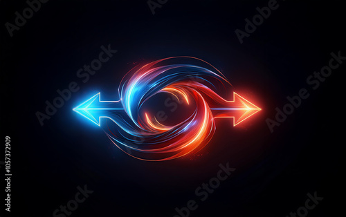 Two glowing arrows point in opposite directions, connected by a swirling, glowing orb of blue and red.