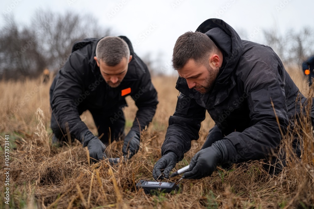 Two men crouch in a grassy field, meticulously examining the ground for artifacts, demonstrating patience and curiosity as they engage in their archeological pursuit. Two men crouch in a grassy field, meticulously examining the ground for artifacts, demonstrating patience and curiosity as they engage in their archeological pursuit.