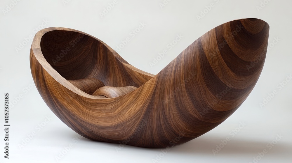 A modern, organic-shaped wooden rocking chair with a unique design. A modern, organic-shaped wooden rocking chair with a unique design.
