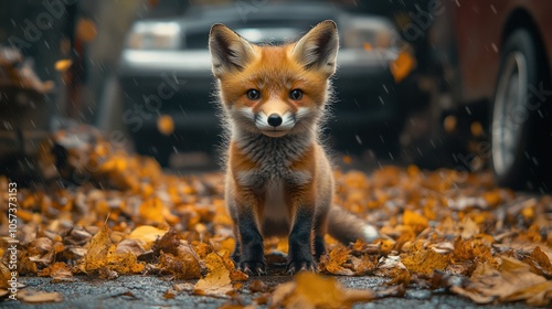 A cute red fox kit stands in a bed of autumn leaves, looking directly at the camera, with a car out of focus in the background. photo