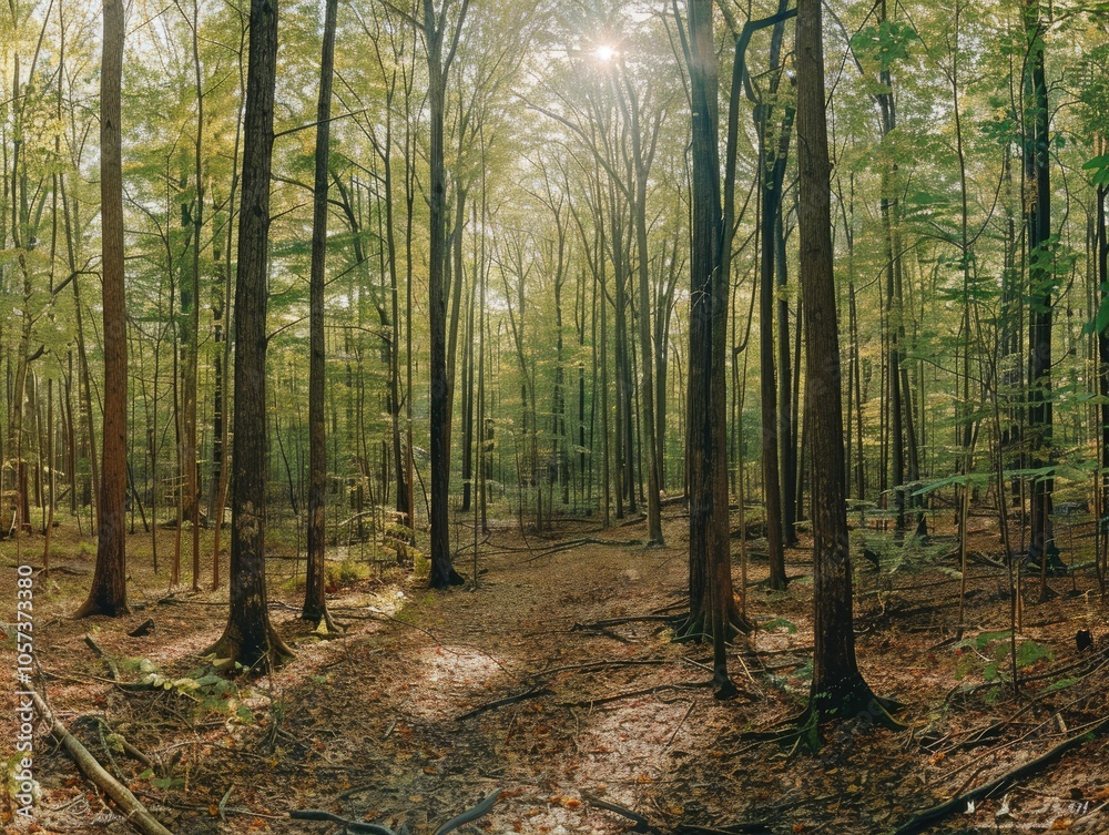 Obraz premium Sunbeams Filtering Through Dense Forest Trees