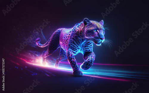 A neon cheetah running with a glowing tail in a dark environment with bright light streaks.