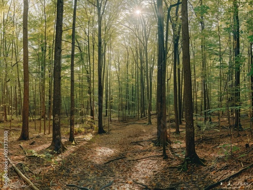 Sunbeams Filtering Through Dense Forest Trees