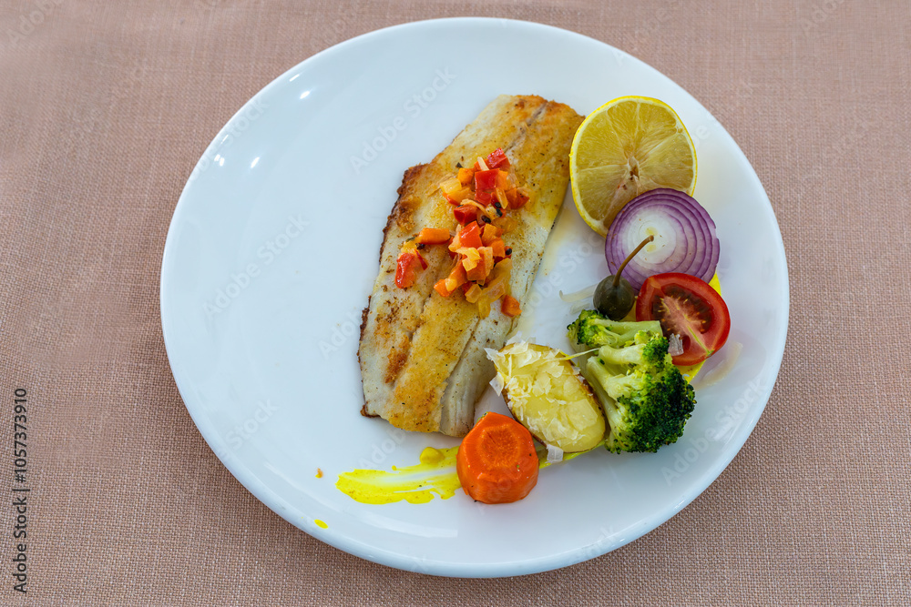 Grilled sea bass in a white porcelain plate. Garnish: lemon, onion, tomato, capers, broccoli, potatoes, carrots.