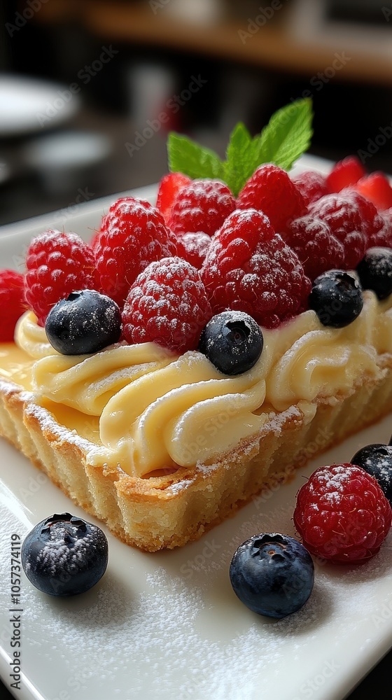 Elegant fruit tart with custard filling, adorned with vibrant strawberries, blueberries, raspberries, displayed on a pristine white plate Elegant fruit tart with custard filling, adorned with vibrant strawberries, blueberries, raspberries, displayed on a pristine white plate