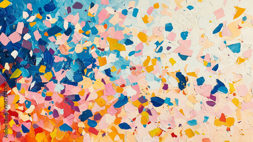 Colorful confetti creates vibrant and joyful atmosphere, blending shades of blue, pink, yellow, and orange. This lively composition evokes sense of celebration and happiness