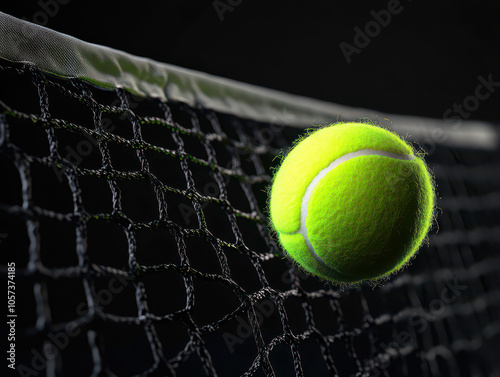 Close-up of a tennis ball bouncing on a net, capturing the energy of the game. photo