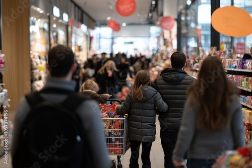 This vibrant scene captures families navigating packed store aisles, revealing dynamic social interactions, holiday spirit, and the contemporary shopping experience.