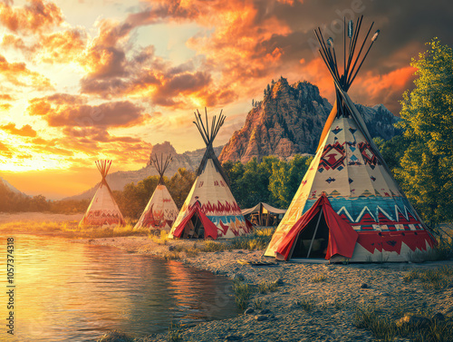 Four traditional Native American tipis by a serene riverside during sunset. photo