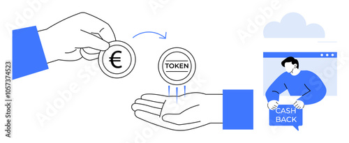 Two hands exchanging a Euro coin and a token with an arrow indicating a transfer action. A person receiving cashback is depicted in the background. Ideal for fintech innovations, digital currency