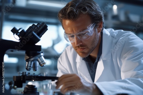 A male scientist wearing a lab coat and safety goggles views slides under a microscope, representing dedication and precision in scientific pursuits.