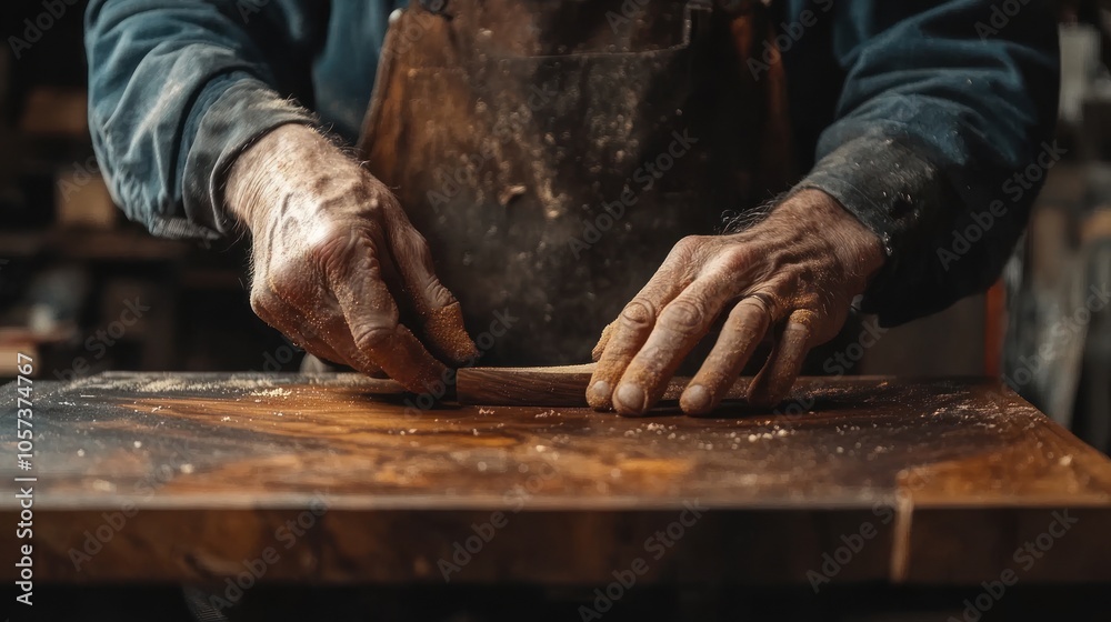 Close-up of a carpenter's hands working on a wooden plank. Close-up of a carpenter's hands working on a wooden plank.
