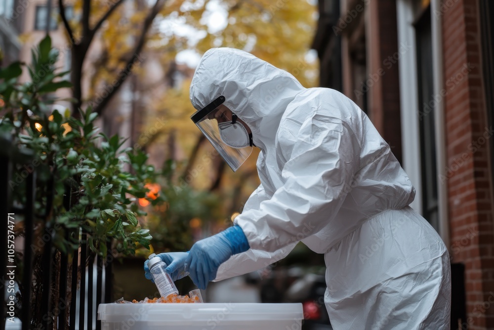 In a city environment, a scientist closely inspects a container wearing a full protective suit and face shield, with autumn leaves and a building facade nearby. In a city environment, a scientist closely inspects a container wearing a full protective suit and face shield, with autumn leaves and a building facade nearby.