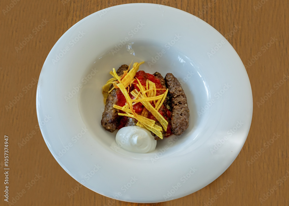 Mirada meatballs, grated and cooked potatoes, served with tomato sauce.