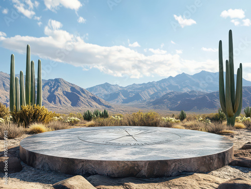 Large sundial surrounded by desert landscape with distant mountains under a clear blue sky. photo