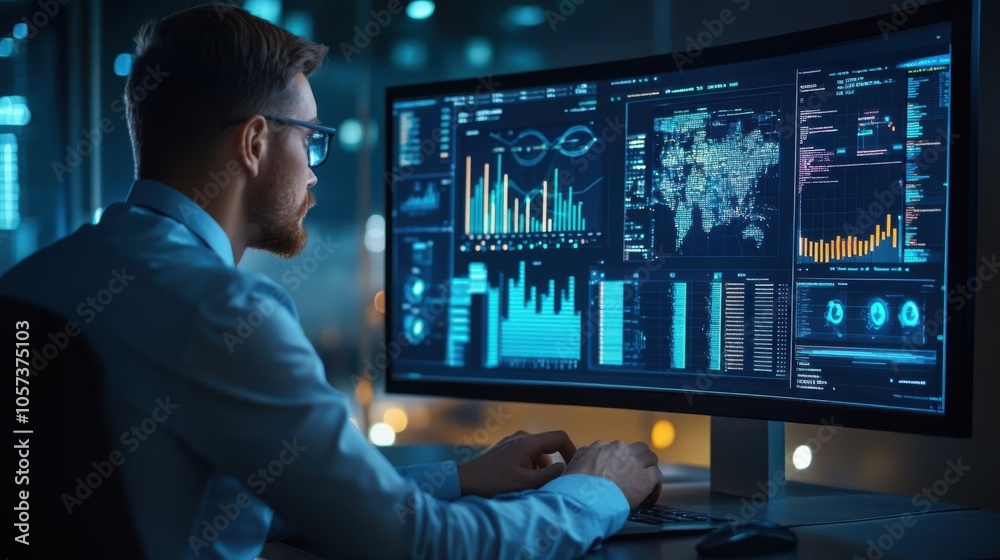 Analyst examining data on a computer dashboard, Analyst examining data on a computer dashboard,