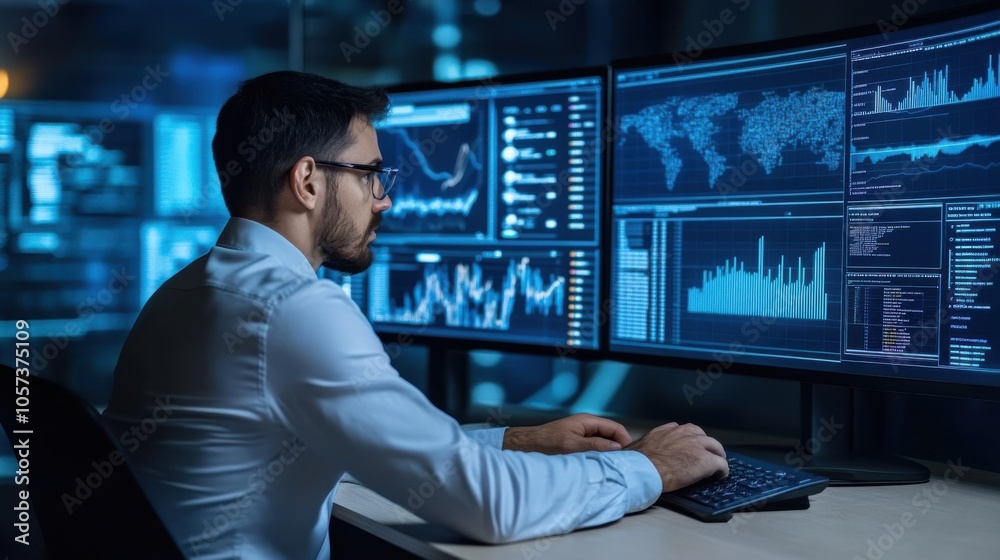 Analyst examining data on a computer dashboard, Analyst examining data on a computer dashboard,