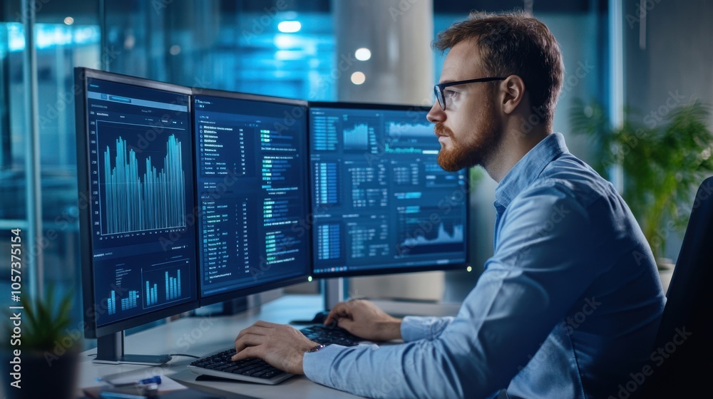 Analyst using a computer and dashboard for data business analysis, Analyst using a computer and dashboard for data business analysis,