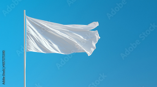  Close-up of a white peace flag gently waving in the wind, bright blue sky and ample room for copy space, 