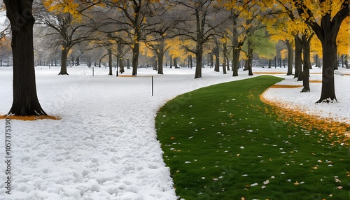 A city park with green grass on one side snow on the other and trees, Ai Generated