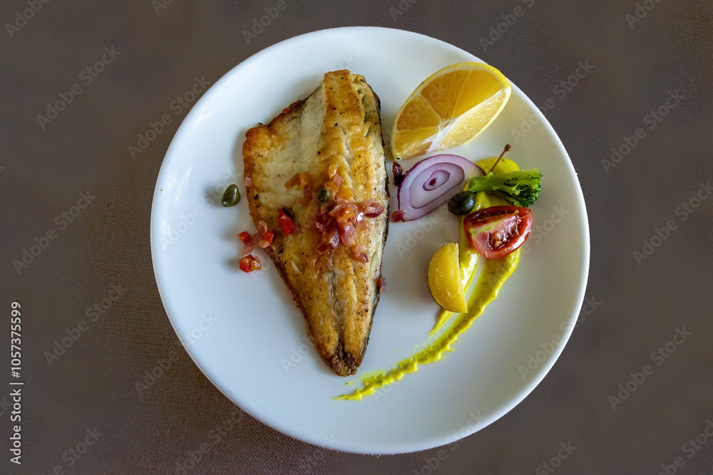 Grilled sea bass in a white porcelain plate. Garnish: lemon, onion, tomato, capers, broccoli, potatoes, carrots.