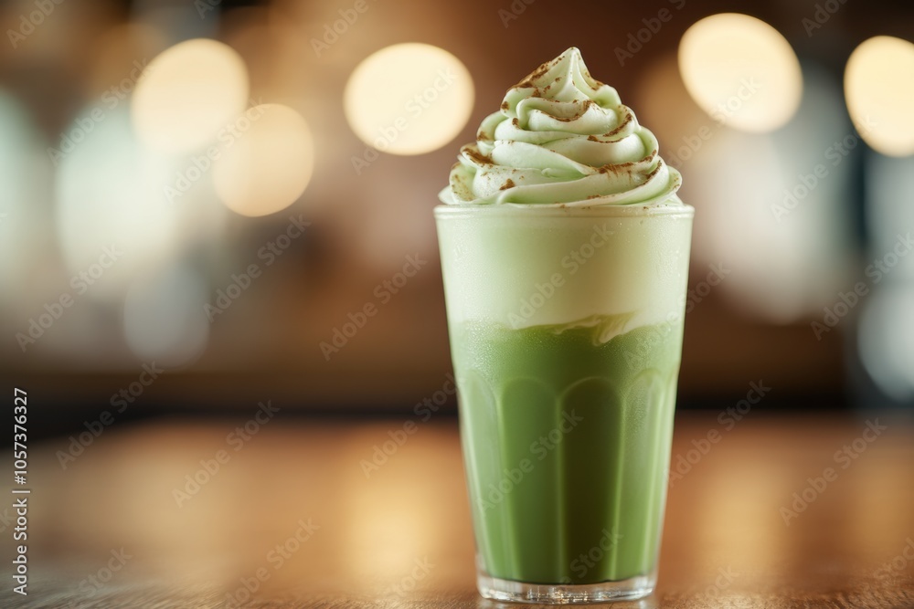 cafe beverage art, a classic glass of iced matcha latte with whipped cream swirl, on wooden cafe table against bokeh background cafe beverage art, a classic glass of iced matcha latte with whipped cream swirl, on wooden cafe table against bokeh background