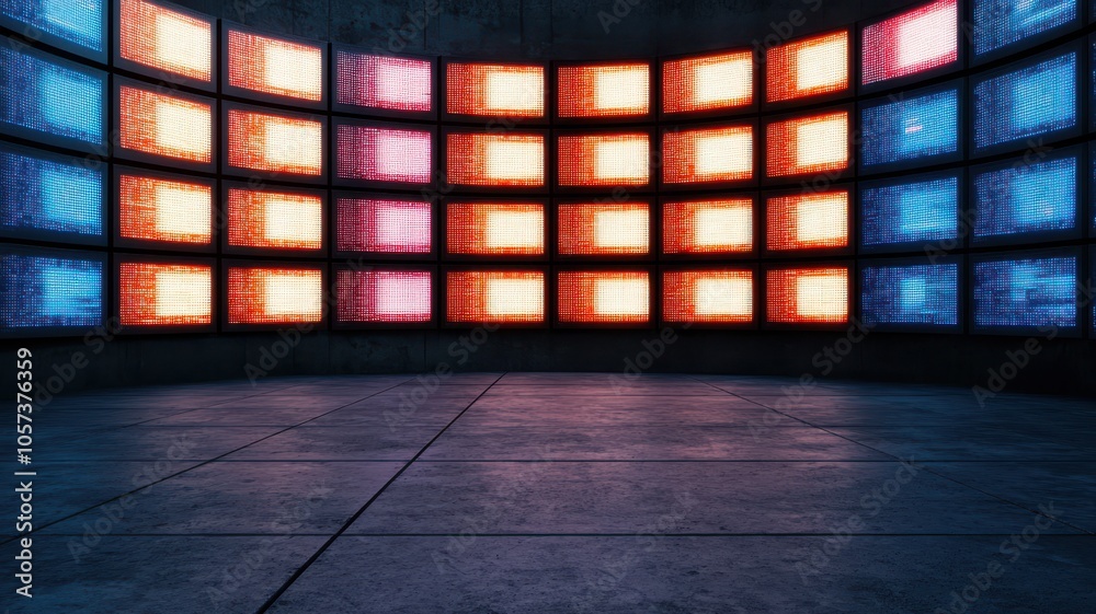 A futuristic room featuring numerous screens with vibrant colors, showcasing a dynamic and tech-inspired environment. A futuristic room featuring numerous screens with vibrant colors, showcasing a dynamic and tech-inspired environment.