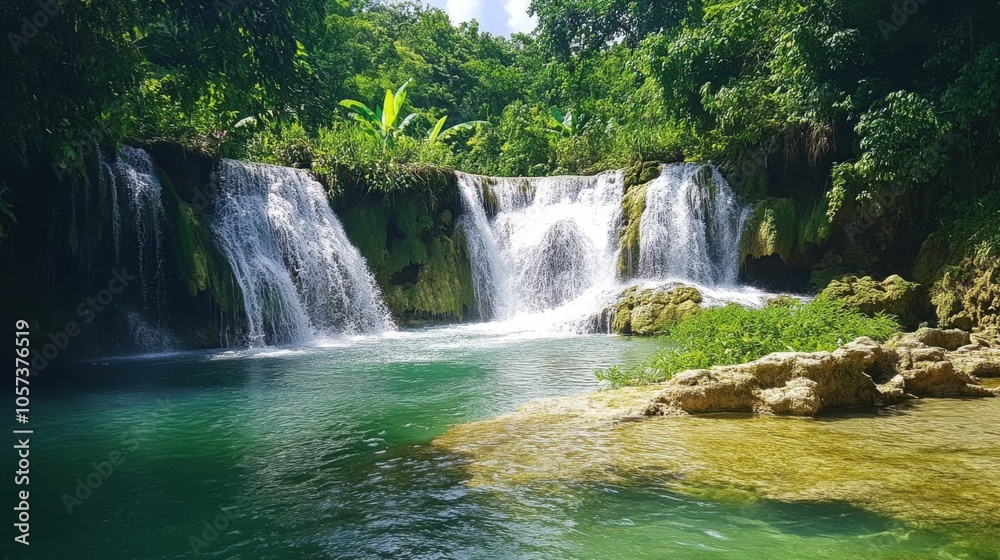 Obraz premium Beautiful limestone waterfall, with cascading water, tranquil natural setting,