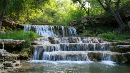 Beautiful limestone waterfall, with cascading water, lush greenery,