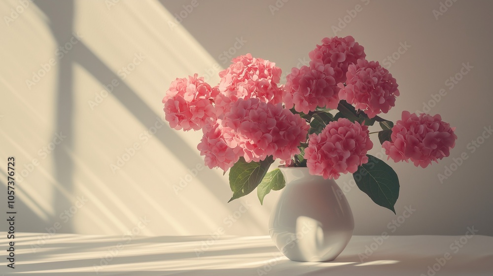 Pink hydrangea flowers in a white vase on a table with a ray of Sunshine on a white background wall