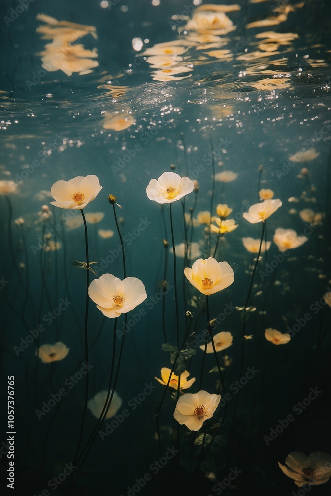 Underwater white and yellow poppies