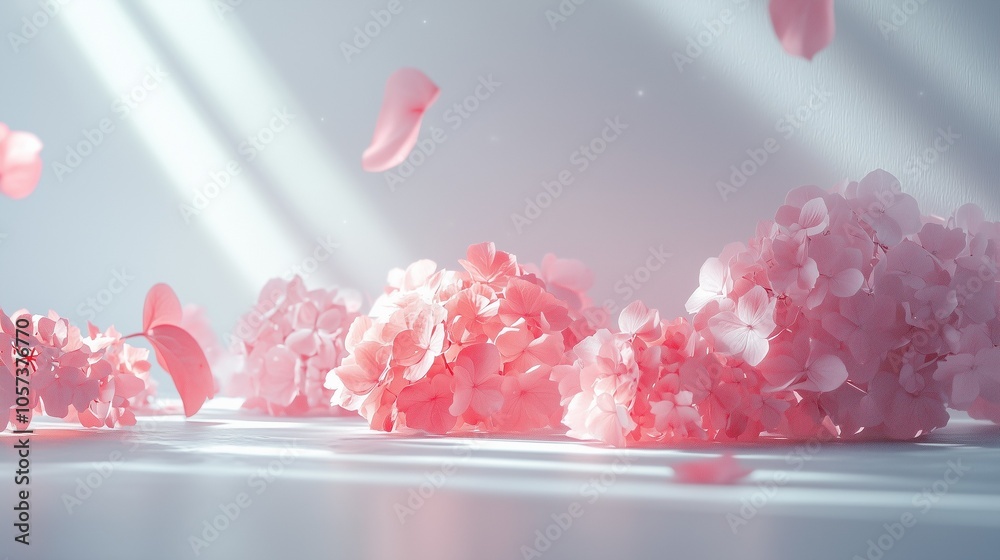 Close up pink Hydrangea on a white table with a white background