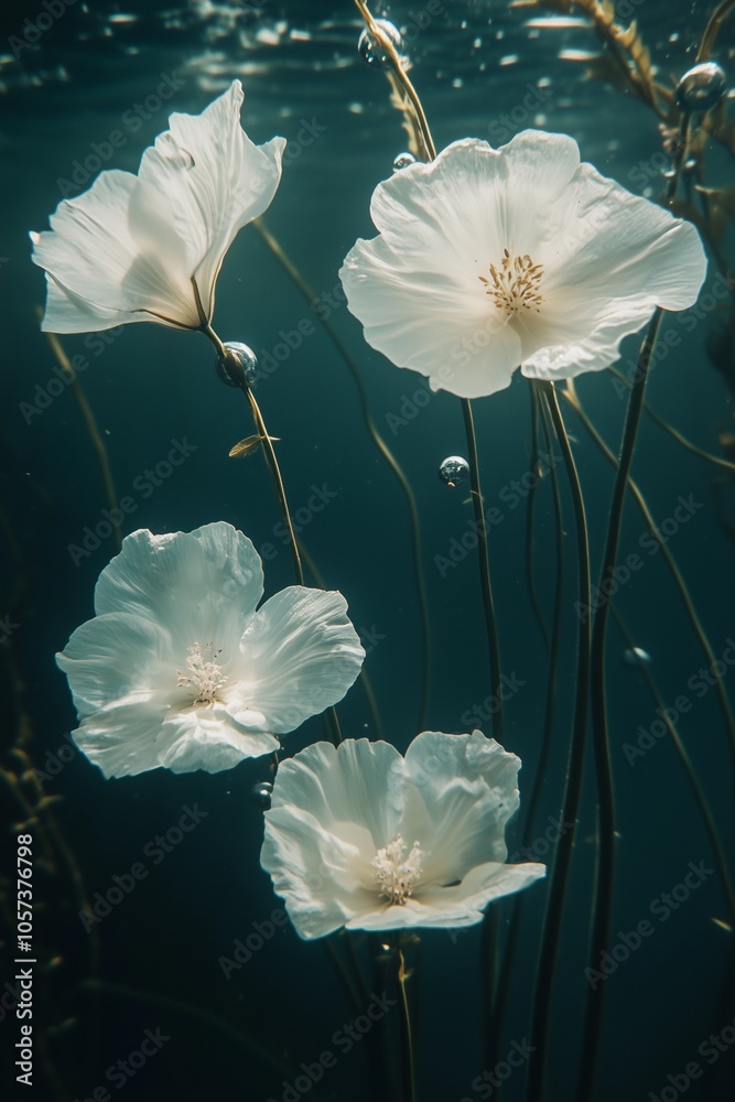 Underwater white poppies with a blue background