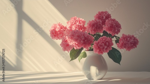 Obraz na płótnie Pink hydrangea flowers in a white vase on a table with a ray of Sunshine on a white background wall w salonie
