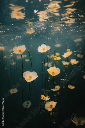 Obraz na płótnie Underwater white and yellow poppies w salonie