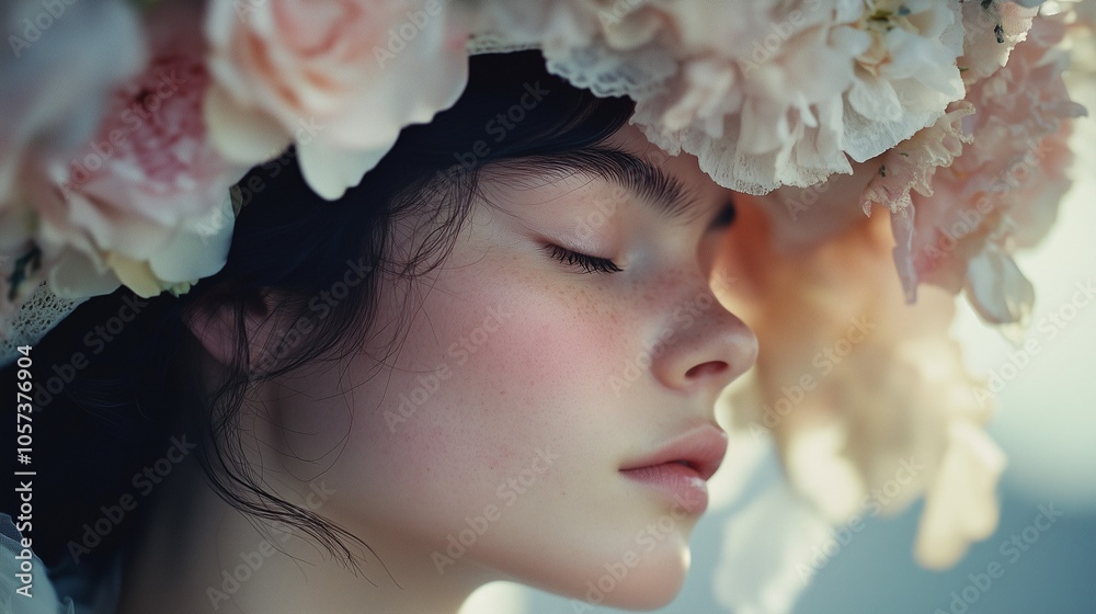 Close-up side view of a woman's face with a flower hat with closed eyes