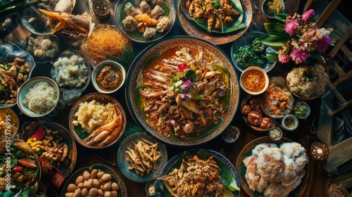 Beautifully arranged Khantoke feast with colorful Northern photo