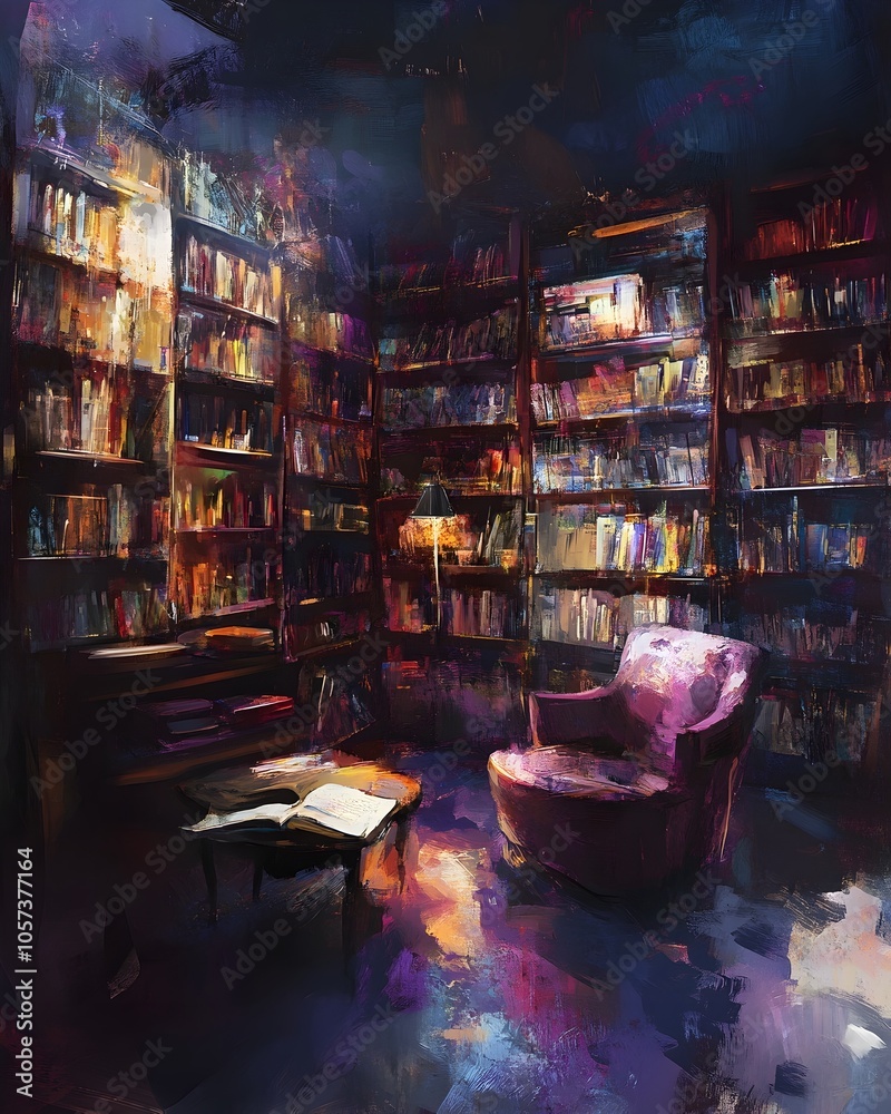 Transcendent Mystical Library Surreal Cozy Reading Space with Expressive Brushstrokes Transcendent Mystical Library Surreal Cozy Reading Space with Expressive Brushstrokes