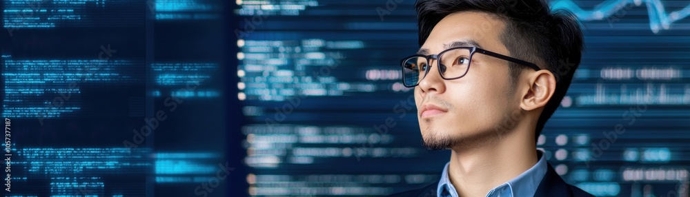 A thoughtful young man in glasses gazes at digital data, symbolizing technology, analysis, and innovation in a modern environment. A thoughtful young man in glasses gazes at digital data, symbolizing technology, analysis, and innovation in a modern environment.