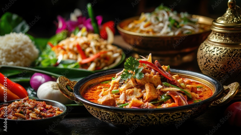 Beautifully presented Thai royal food, vibrant and colorful dishes,